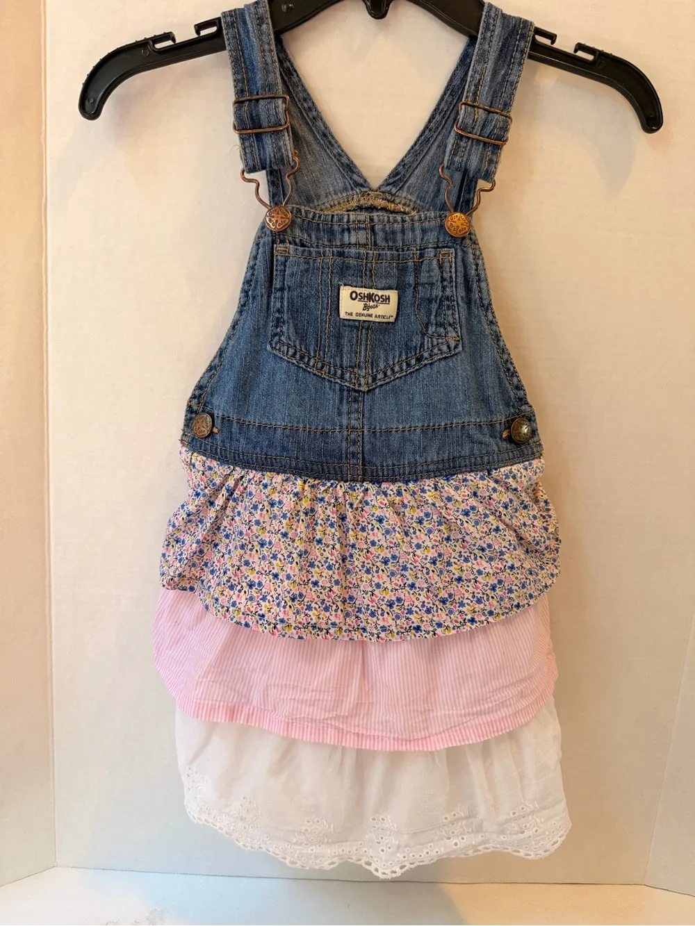 OshKosh B'gosh Blue Denim Overall Dress with Pink, White & Floral Layers